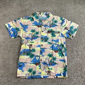 JIMMYZ Hawaiian Shirt Mens Small Pink Blue Sail Boats Rayon Short Sleeve *